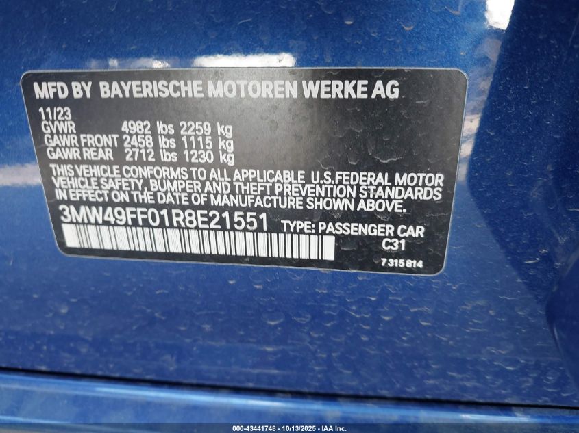 2024 BMW M340I M340I xDrive VIN: 3MW49FF01R8E21551 Lot: 43441748