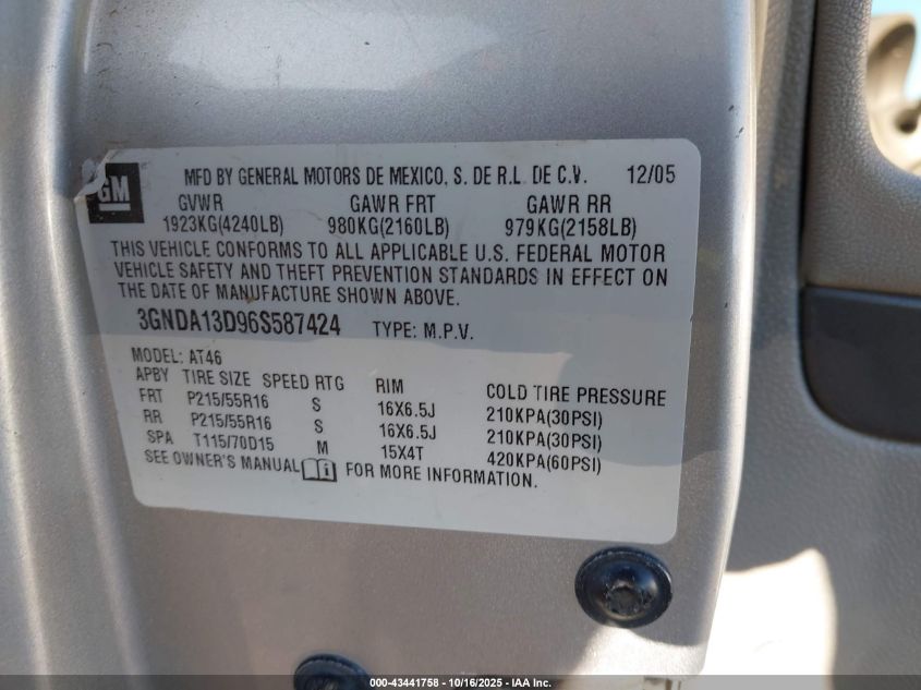 2006 Chevrolet Hhr Ls VIN: 3GNDA13D96S587424 Lot: 43441758