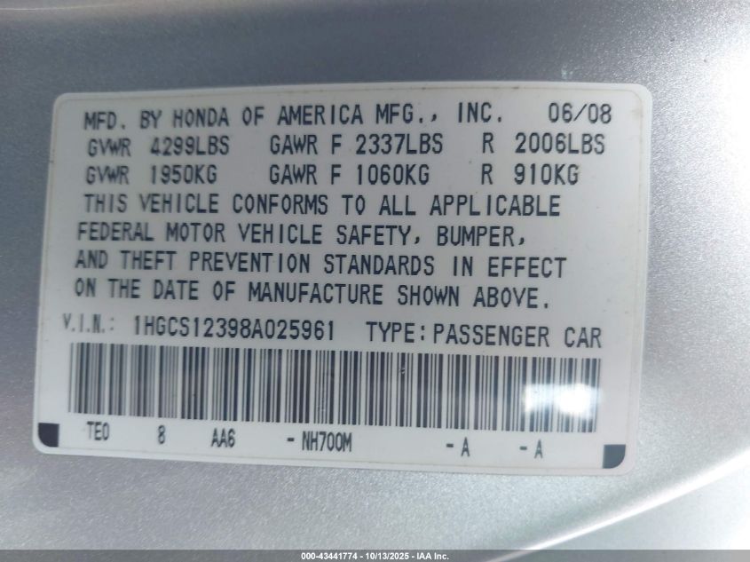 2008 Honda Accord 2.4 Lx-S VIN: 1HGCS12398A025961 Lot: 43441774