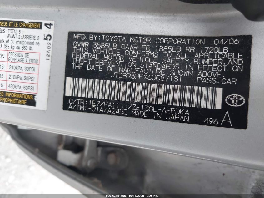 2006 Toyota Corolla Ce VIN: JTDBR32EX60087181 Lot: 43441806