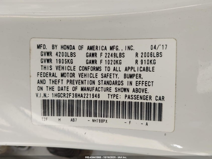 2017 HONDA ACCORD LX 1HGCR2F36HA221948
