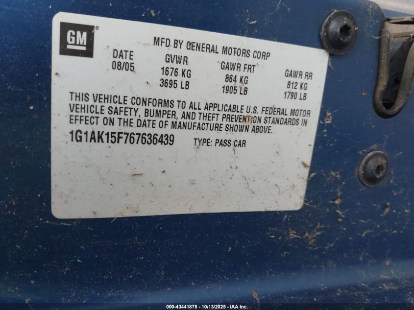 2006 Chevrolet Cobalt Ls VIN: 1G1AK15F767636439 Lot: 43441878