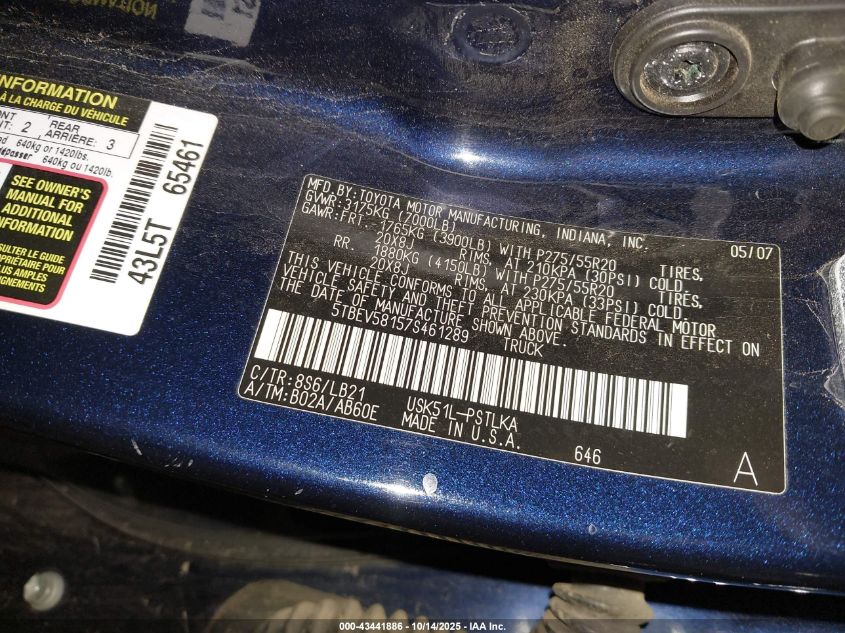 2007 Toyota Tundra Limited 5.7L V8 VIN: 5TBEV58157S461289 Lot: 43441886