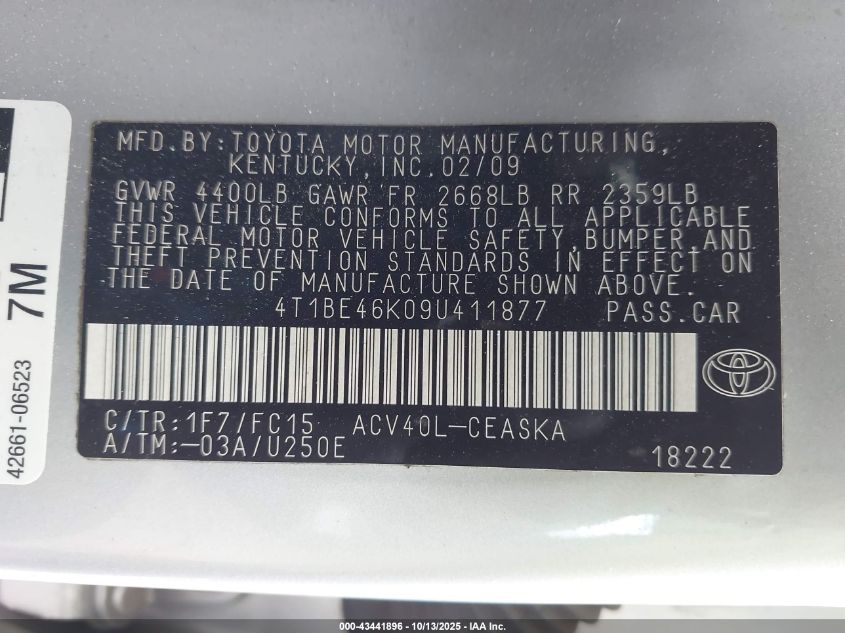 2009 Toyota Camry Se VIN: 4T1BE46K09U411877 Lot: 43441896