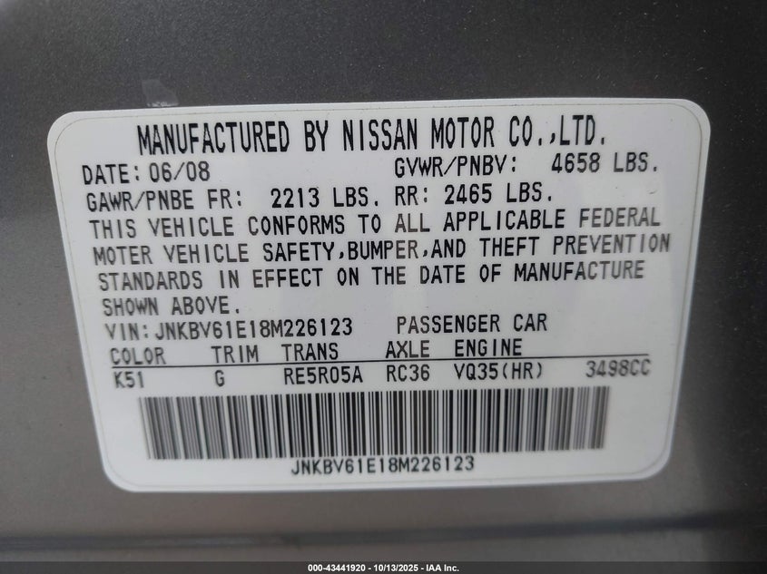 JNKBV61E18M226123 2008 INFINITI G photo no. 9