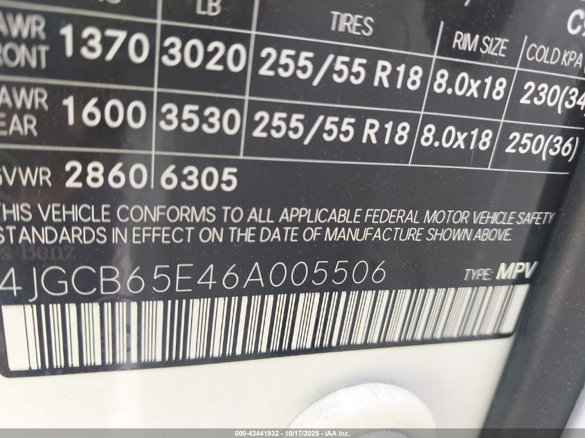 2006 Mercedes-Benz R 350 4Matic VIN: 4JGCB65E46A005506 Lot: 43441932