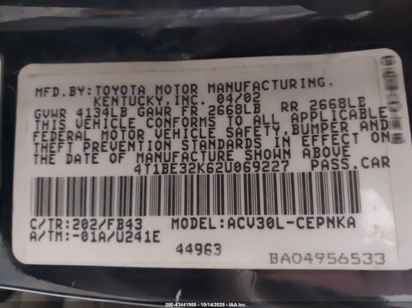 2002 Toyota Camry Le VIN: 4T1BE32K62U069227 Lot: 43441988