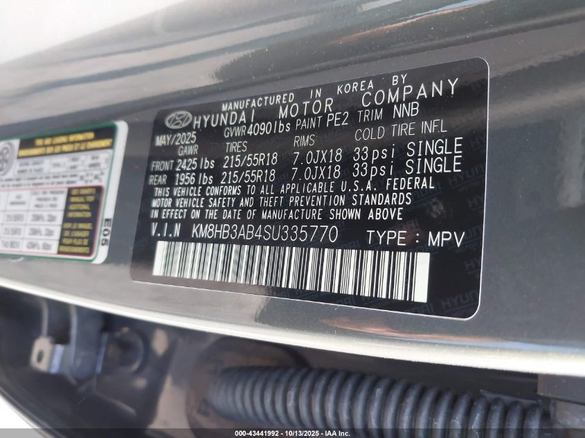 2025 Hyundai Kona Sel VIN: KM8HB3AB4SU335770 Lot: 43441992