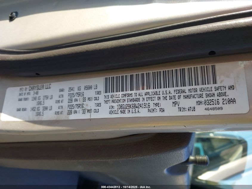 2008 Dodge Nitro Sxt VIN: 1D8GU28K68W241916 Lot: 43442012