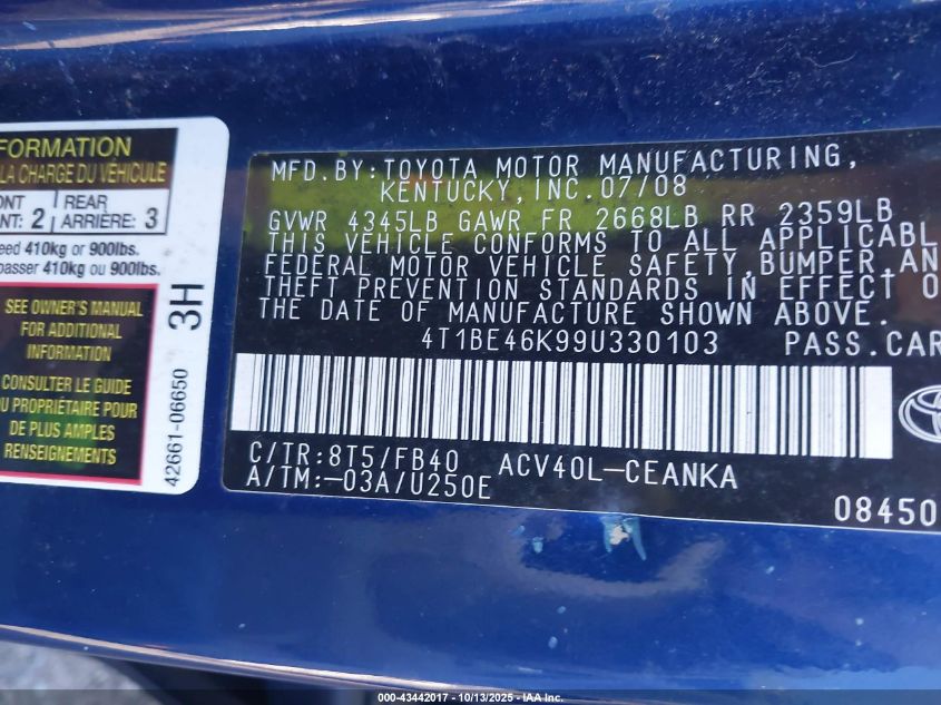 2009 Toyota Camry VIN: 4T1BE46K99U330103 Lot: 43442017