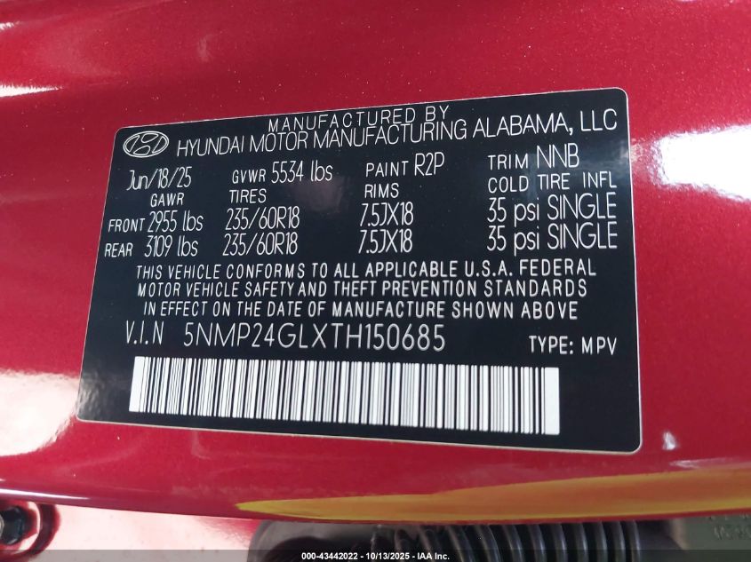 2026 Hyundai Santa Fe Sel VIN: 5NMP24GLXTH150685 Lot: 43442022