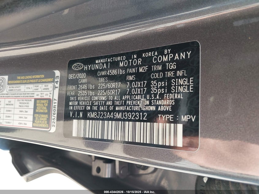 2021 HYUNDAI TUCSON SE KM8J23A49MU392312