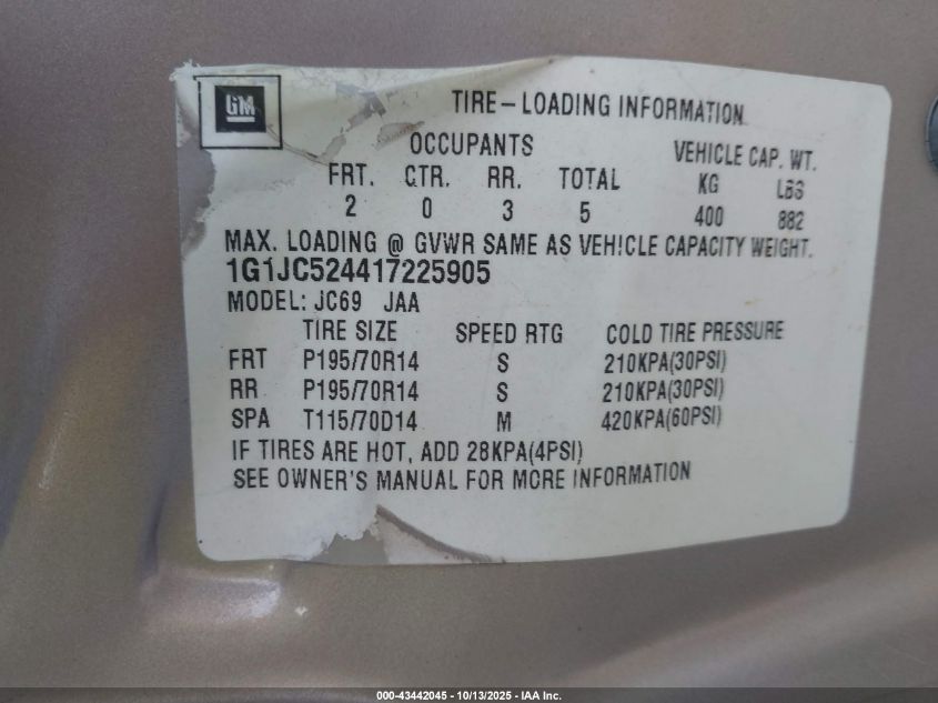 2001 Chevrolet Cavalier VIN: 1G1JC524417225905 Lot: 43442045