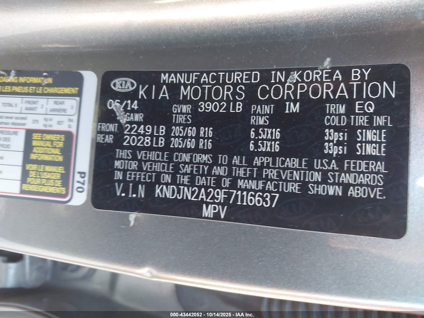 2015 KIA SOUL KNDJN2A29F7116637