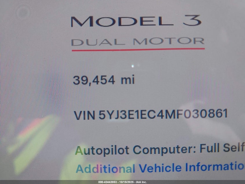 2021 Tesla Model 3 Performance Dual Motor All-Wheel Drive VIN: 5YJ3E1EC4MF030861 Lot: 43442053