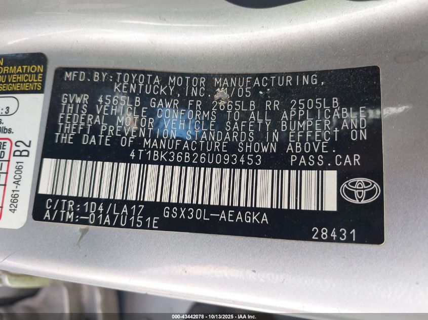 2006 Toyota Avalon Xls VIN: 4T1BK36B26U093453 Lot: 43442078