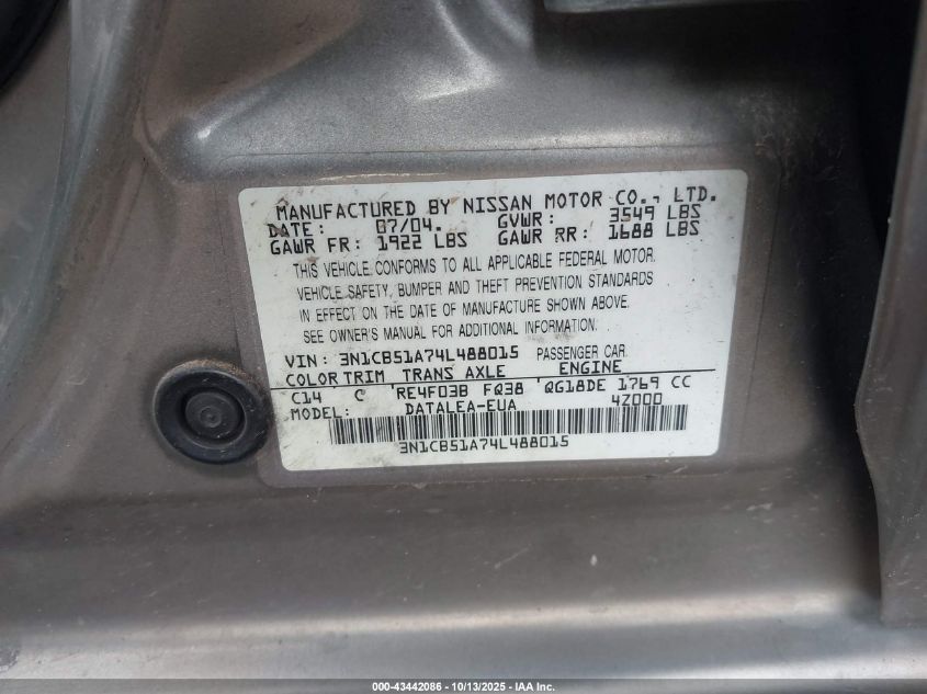 2004 Nissan Sentra 1.8S VIN: 3N1CB51A74L488015 Lot: 43442086