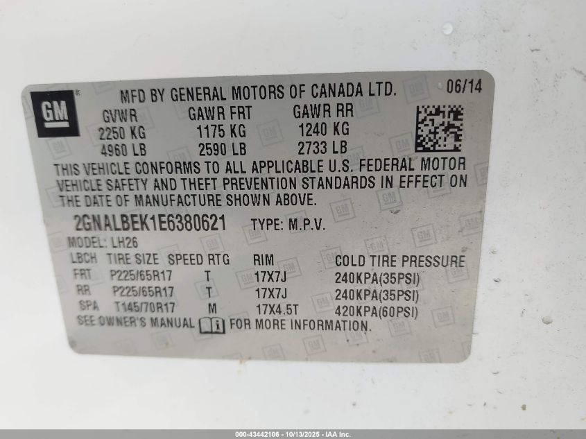 2014 Chevrolet Equinox 1Lt VIN: 2GNALBEK1E6380621 Lot: 43442106