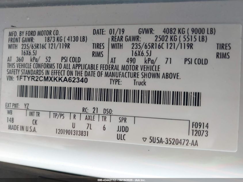 2019 Ford Transit-250 VIN: 1FTYR2CMXKKA62340 Lot: 43442112