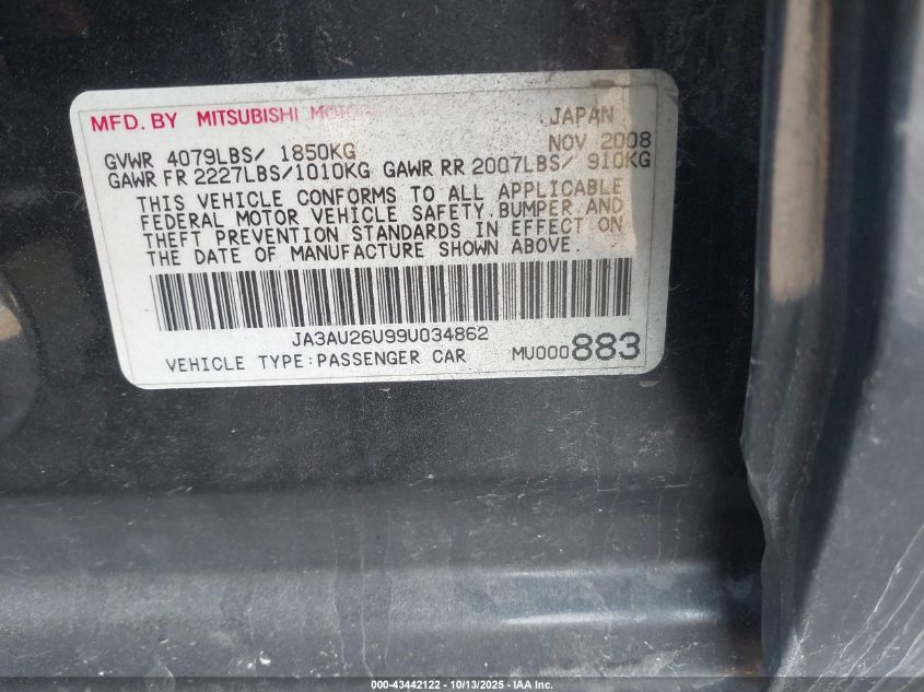 2009 Mitsubishi Lancer Es/Es-Sport VIN: JA3AU26U99U034862 Lot: 43442122