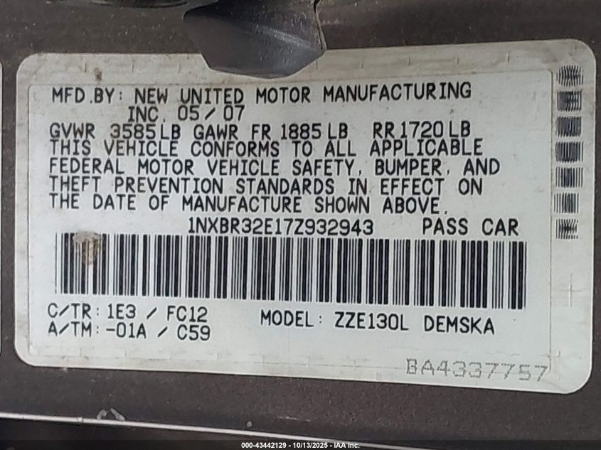 2007 Toyota Corolla S VIN: 1NXBR32E17Z932943 Lot: 43442129