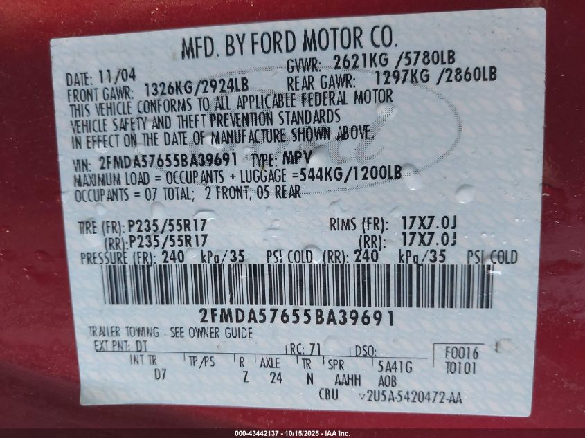 2005 Ford Freestar Ses VIN: 2FMDA57655BA39691 Lot: 43442137