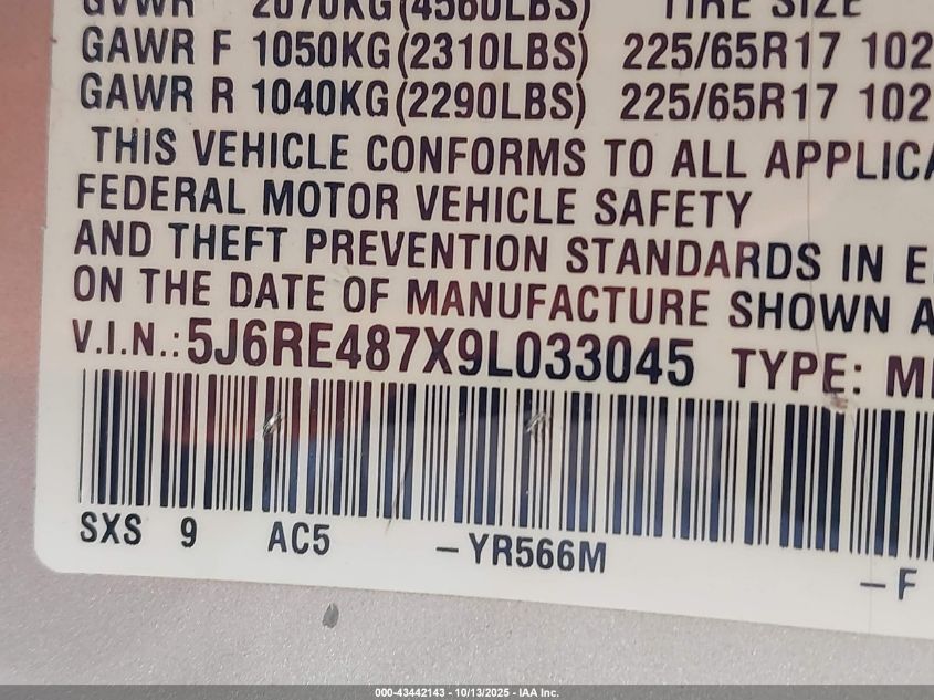 2009 Honda Cr-V Ex-L VIN: 5J6RE487X9L033045 Lot: 43442143