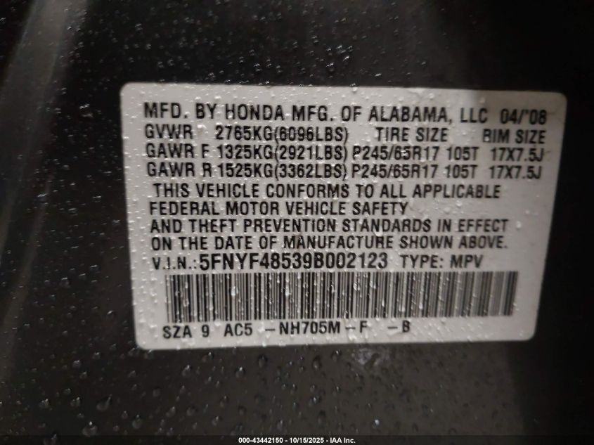 2009 Honda Pilot Ex-L VIN: 5FNYF48539B002123 Lot: 43442150