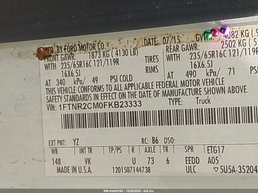 2015 Ford Transit-250 VIN: 1FTNR2CM0FKB23333 Lot: 43442165