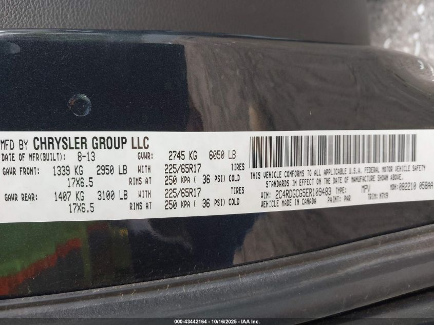 2014 Dodge Grand Caravan Sxt VIN: 2C4RDGCG5ER109483 Lot: 43442164