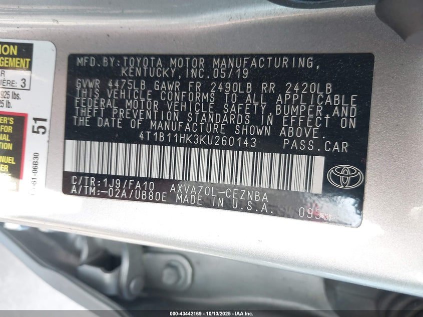 4T1B11HK3KU260143 2019 TOYOTA CAMRY photo no. 9