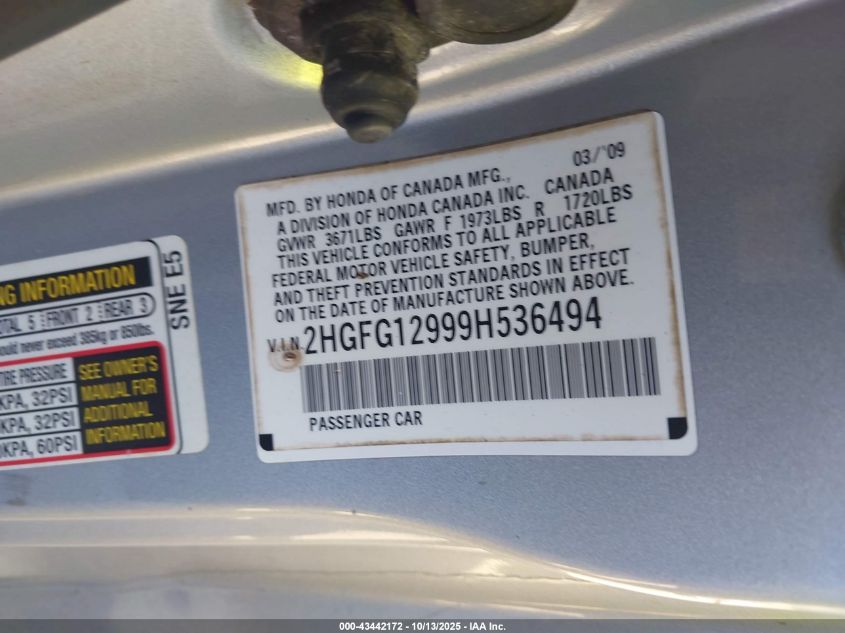 2009 Honda Civic Ex-L VIN: 2HGFG12999H536494 Lot: 43442172