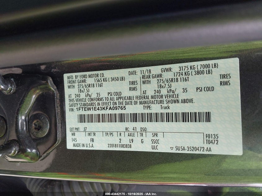 2019 FORD F-150 XLT 1FTEW1E43KFA09765