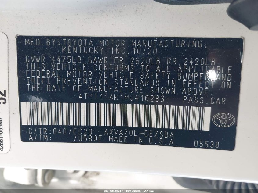 2021 Toyota Camry Se Nightshade Edition VIN: 4T1T11AK1MU410283 Lot: 43442217