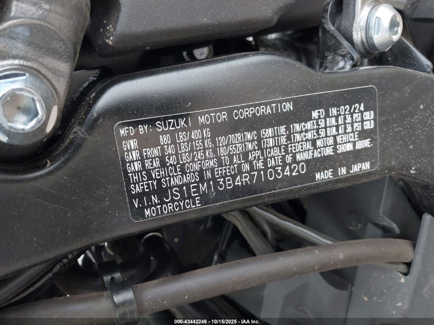 2024 Suzuki Gsx800 F VIN: JS1EM13B4R7103420 Lot: 43442246
