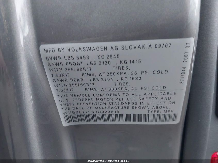 2008 Volkswagen Touareg 2 Vr6 Fsi VIN: WVGBE77L68D023818 Lot: 43442250