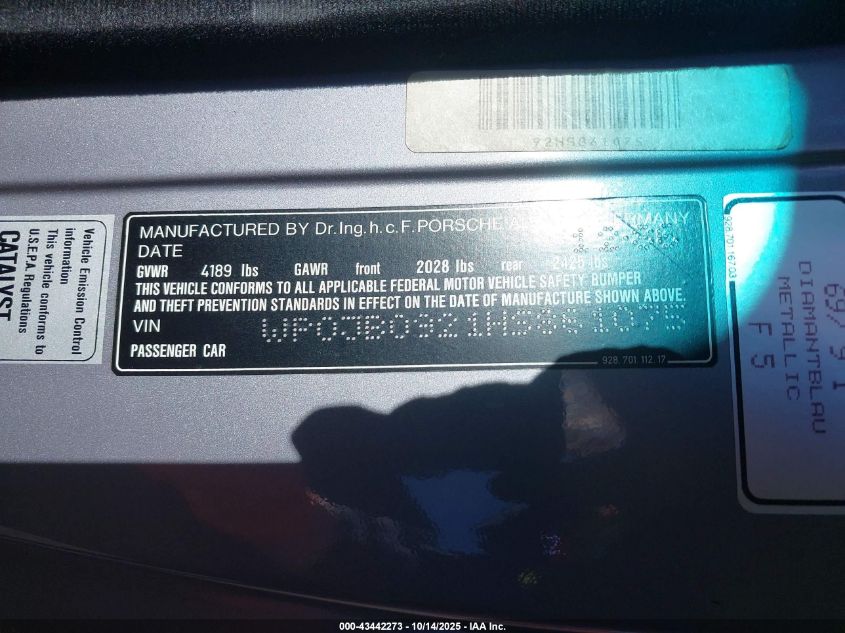 1987 Porsche 928 S VIN: WP0JB0921HS861075 Lot: 43442273