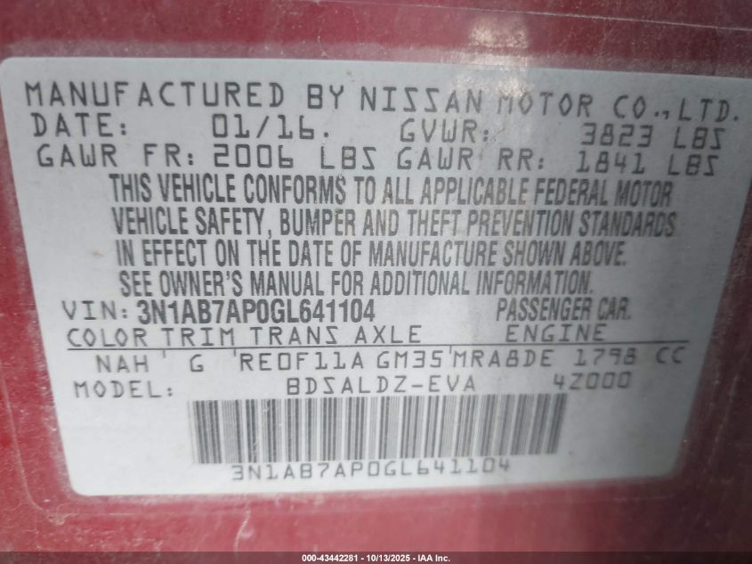 2016 Nissan Sentra Fe+ S/S/Sl/Sr/Sv VIN: 3N1AB7AP0GL641104 Lot: 43442281