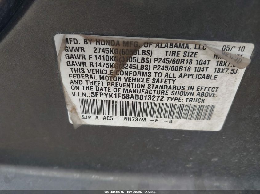 2010 Honda Ridgeline Rtl VIN: 5FPYK1F58AB013272 Lot: 43442315