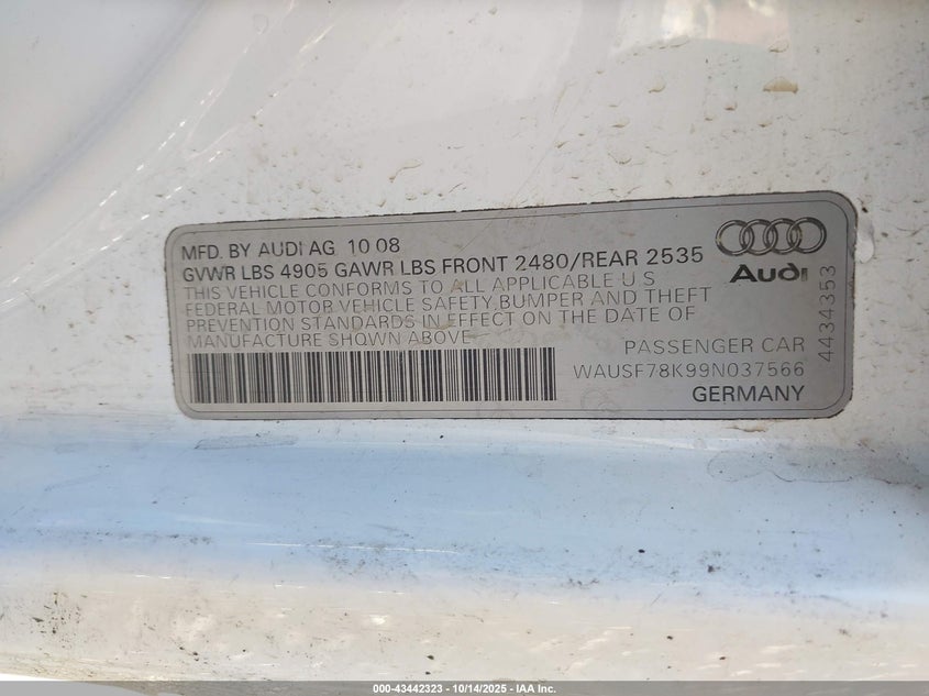 2009 Audi A4 2.0T Premium VIN: WAUSF78K99N037566 Lot: 43442323