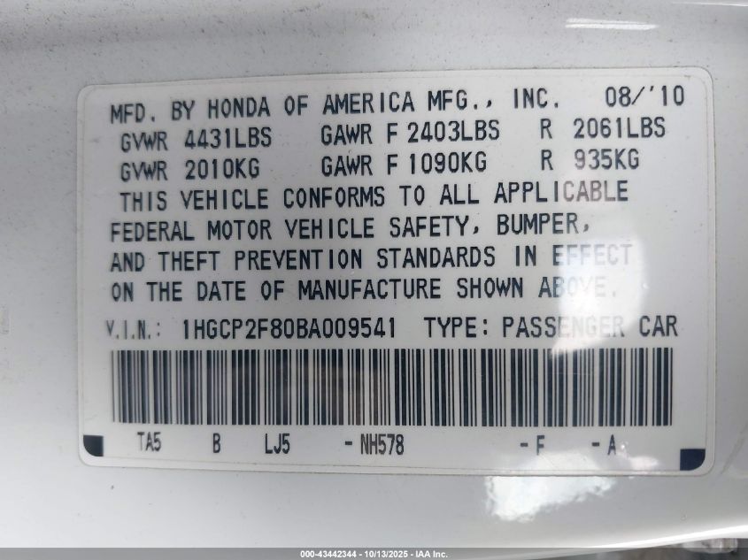 2011 Honda Accord 2.4 Ex-L VIN: 1HGCP2F80BA009541 Lot: 43442344