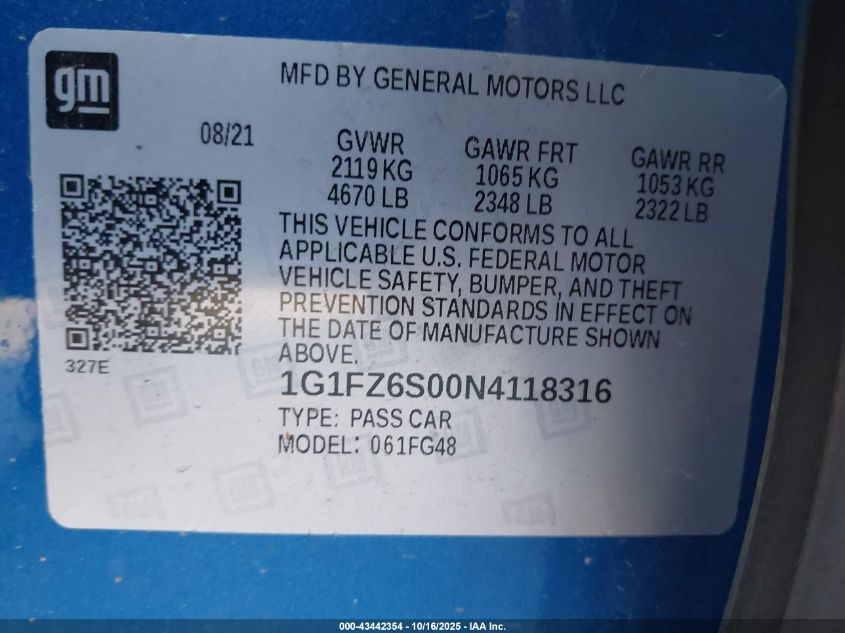 2022 Chevrolet Bolt Euv Fwd Premier VIN: 1G1FZ6S00N4118316 Lot: 43442354