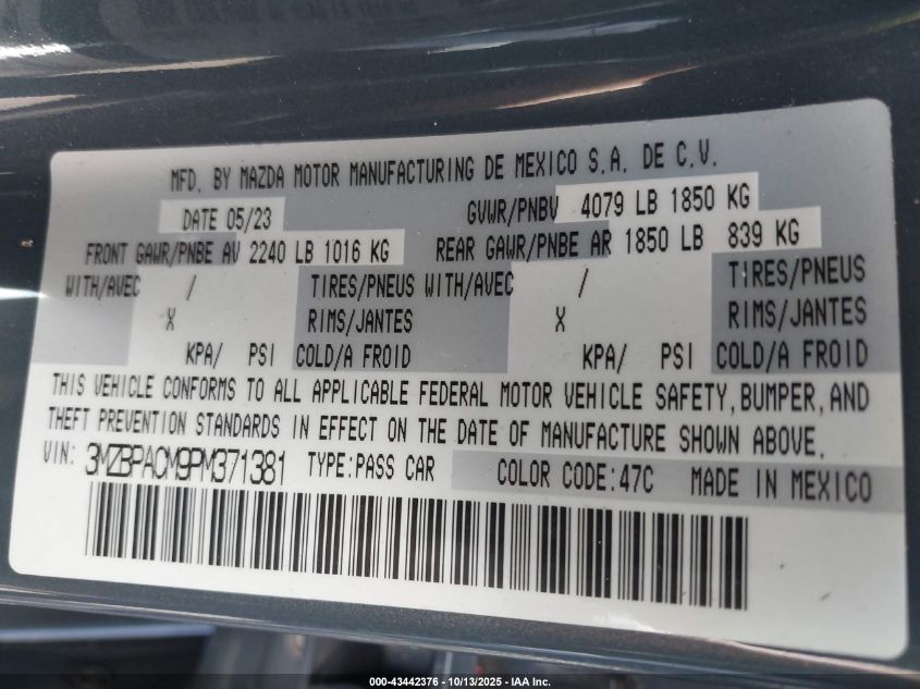 2023 Mazda Mazda3 2.5 S Carbon Edition VIN: 3MZBPACM9PM371381 Lot: 43442376