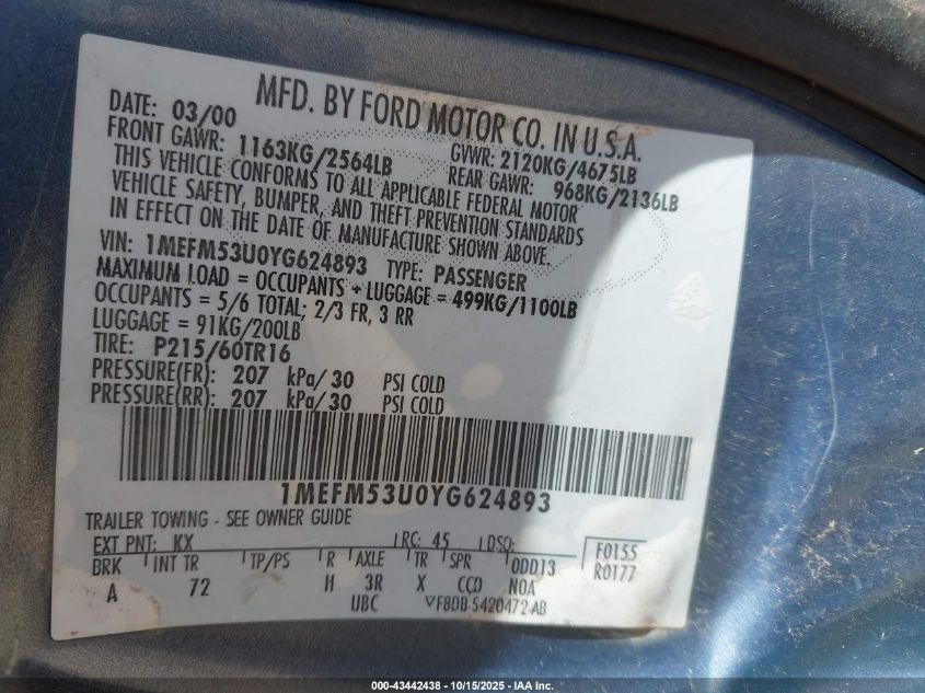 2000 Mercury Sable Ls VIN: 1MEFM53U0YG624893 Lot: 43442438