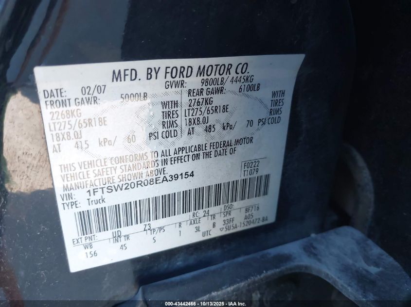 2008 Ford F-250 Lariat VIN: 1FTSW20R08EA39154 Lot: 43442466