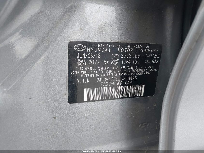 2013 Hyundai Elantra Gls VIN: KMHDH4AE6DU898495 Lot: 43442478