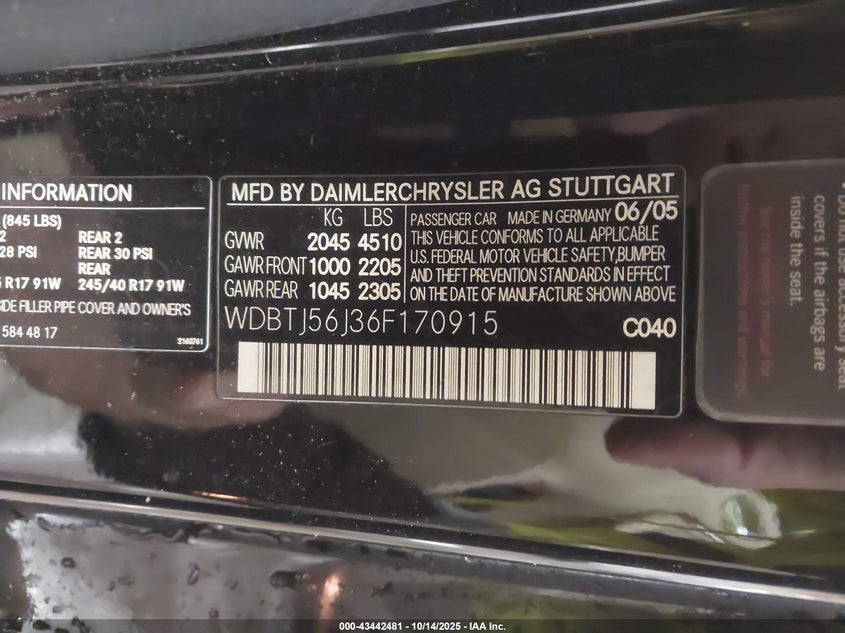 2006 Mercedes-Benz Clk 350 VIN: WDBTJ56J36F170915 Lot: 43442481