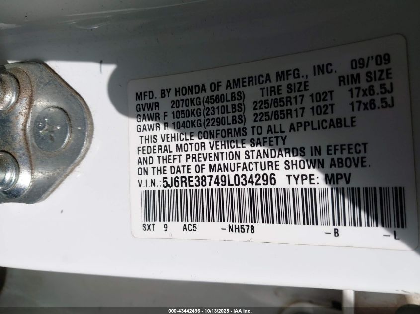 2009 Honda Cr-V Ex-L VIN: 5J6RE38749L034296 Lot: 43442496