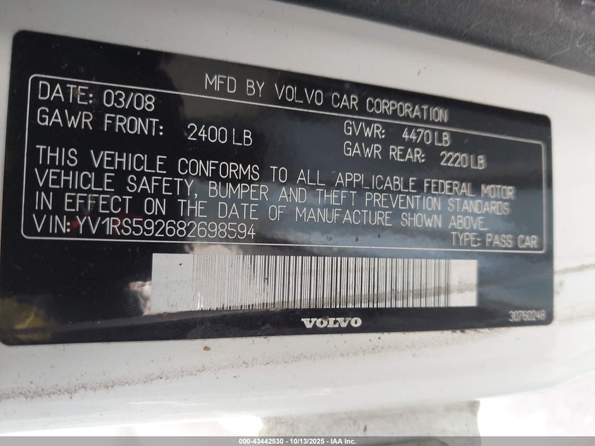 2008 Volvo S60 2.5T VIN: YV1RS592682698594 Lot: 43442530