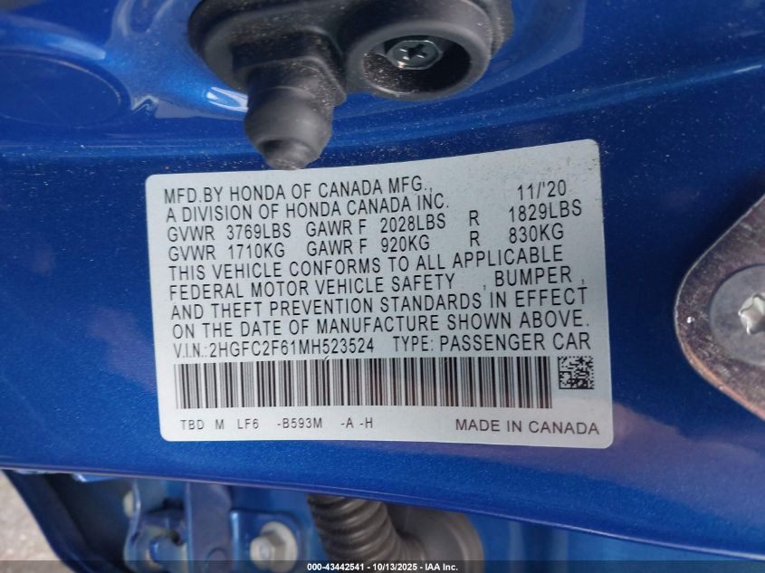 2021 Honda Civic Lx VIN: 2HGFC2F61MH523524 Lot: 43442541